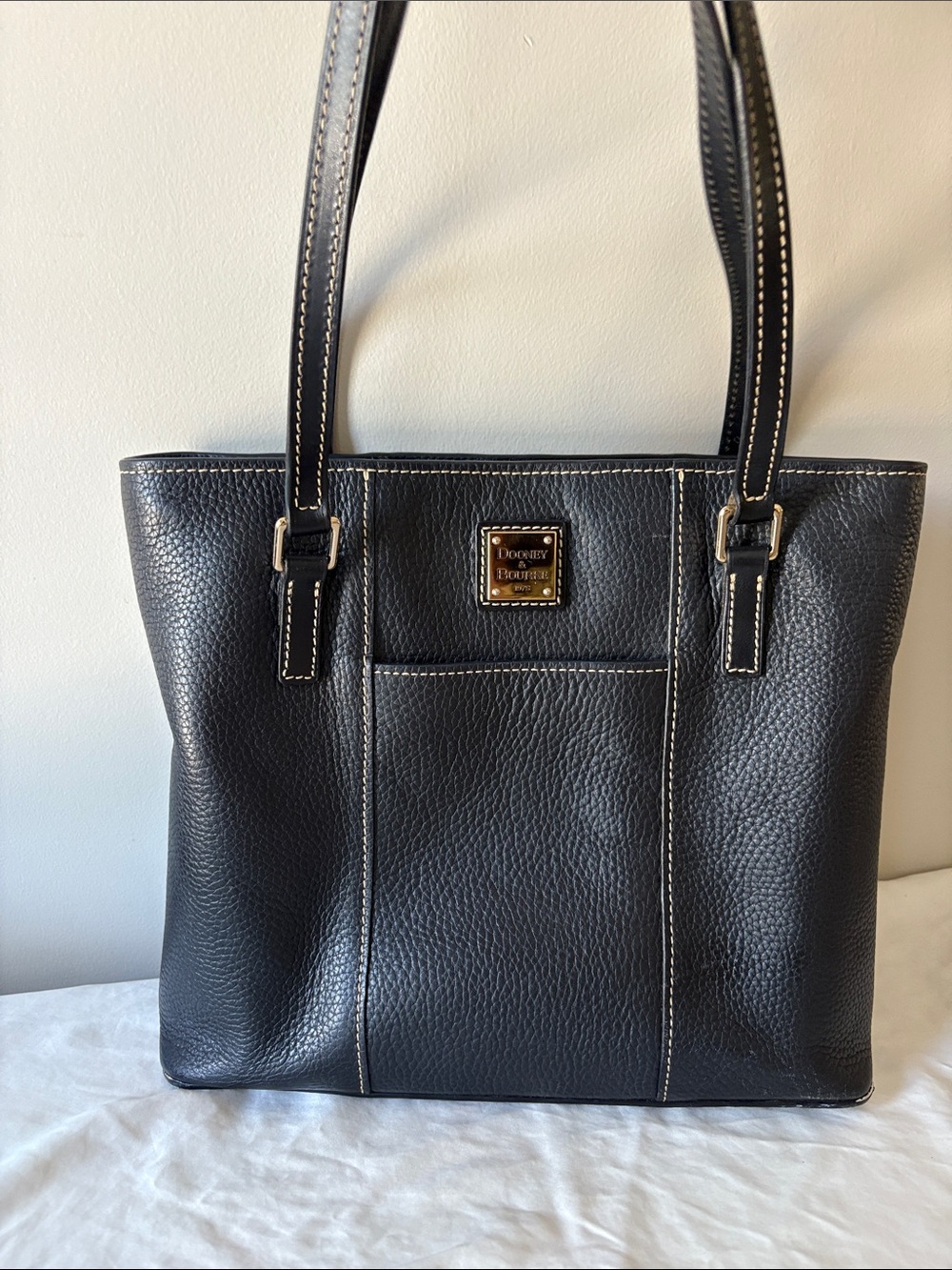 Dooney & Bourke Black Pebble Leather Shoulder Tote with Contrast Stitching
